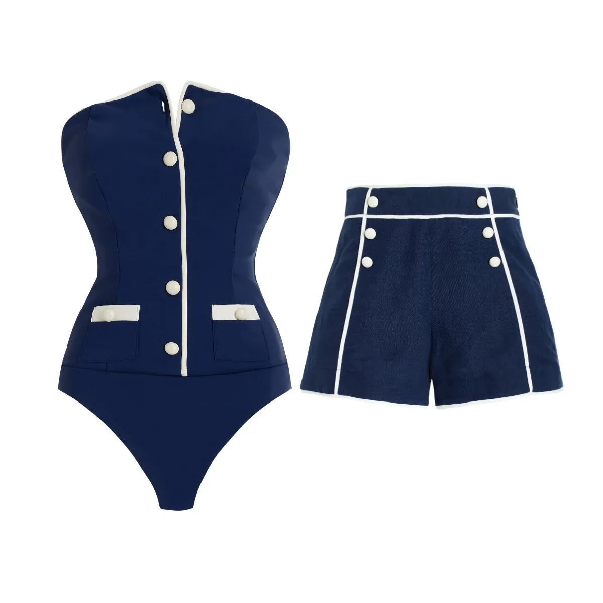 Années 60 Ensemble Maillot de Bain Et Shorts Taille Haute Marin