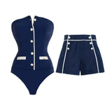 Années 60 Ensemble Maillot de Bain Et Shorts Taille Haute Marin