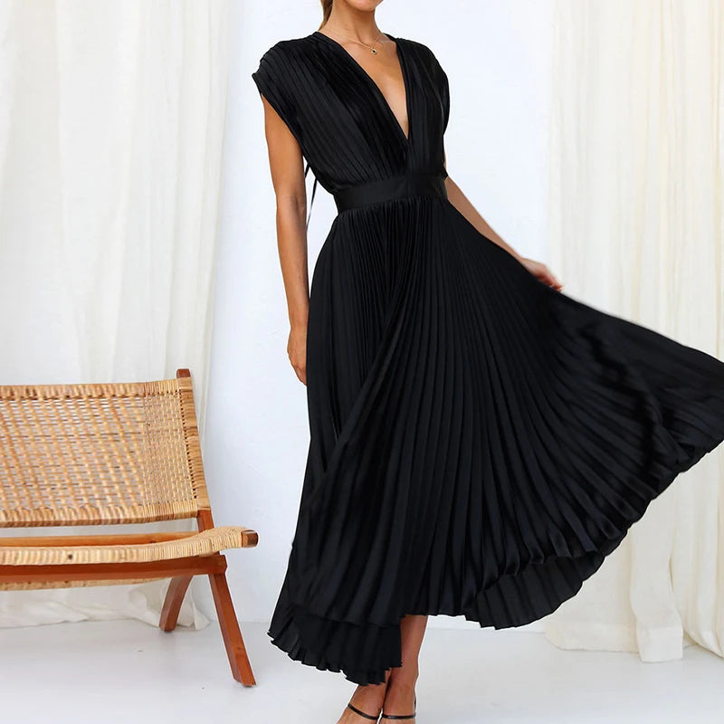 Années 70 Maxi Robe Été Plissé En Satin - Ma Penderie Vintage