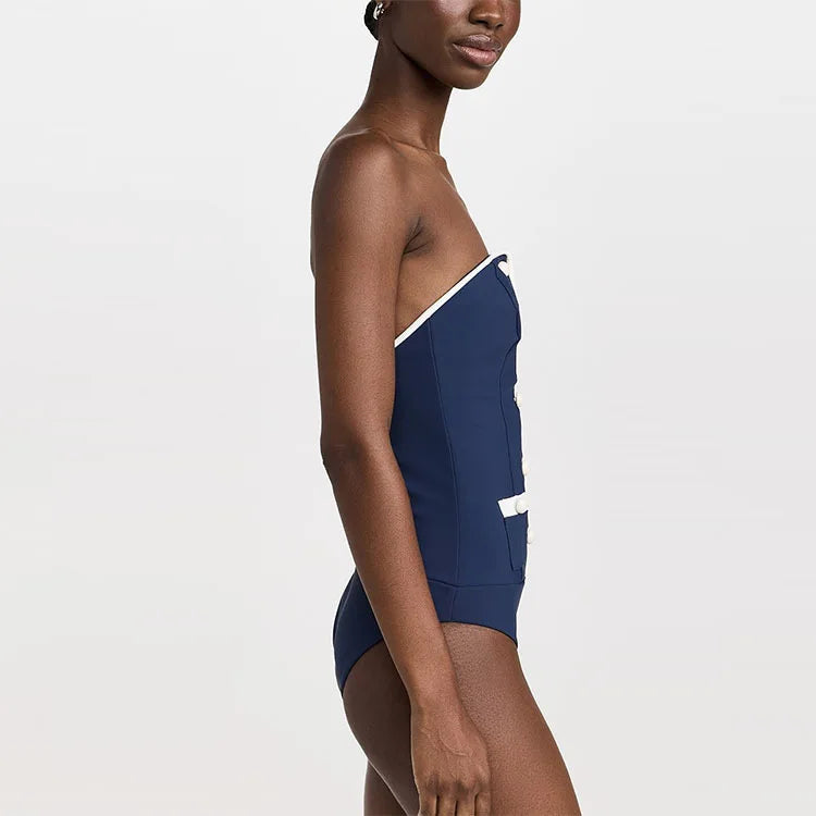 Années 60 Ensemble Maillot de Bain Et Shorts Taille Haute Marin - Ma Penderie Vintage