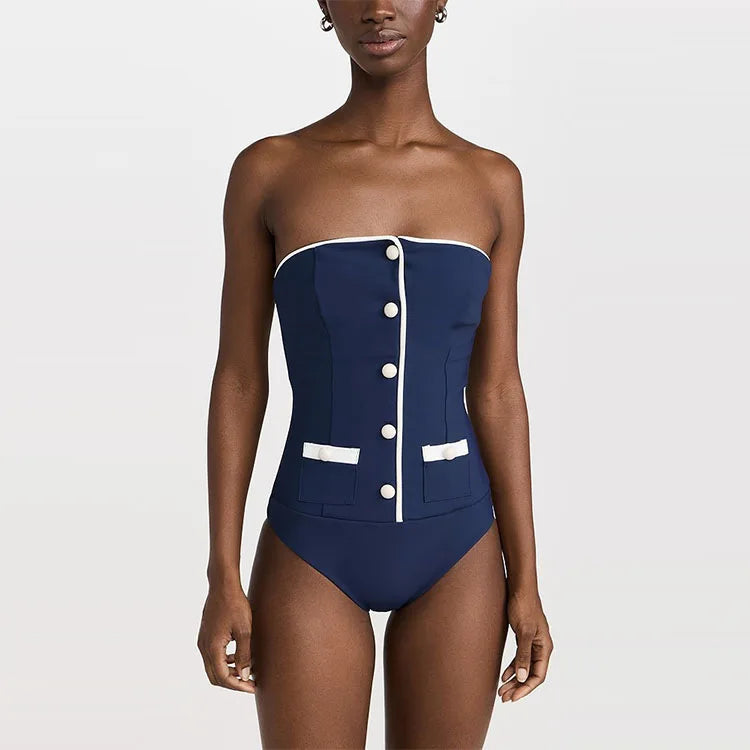 Années 60 Ensemble Maillot de Bain Et Shorts Taille Haute Marin - Ma Penderie Vintage
