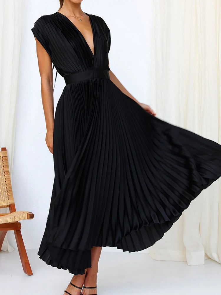 Années 70 Maxi Robe Été Plissé En Satin - Ma Penderie Vintage