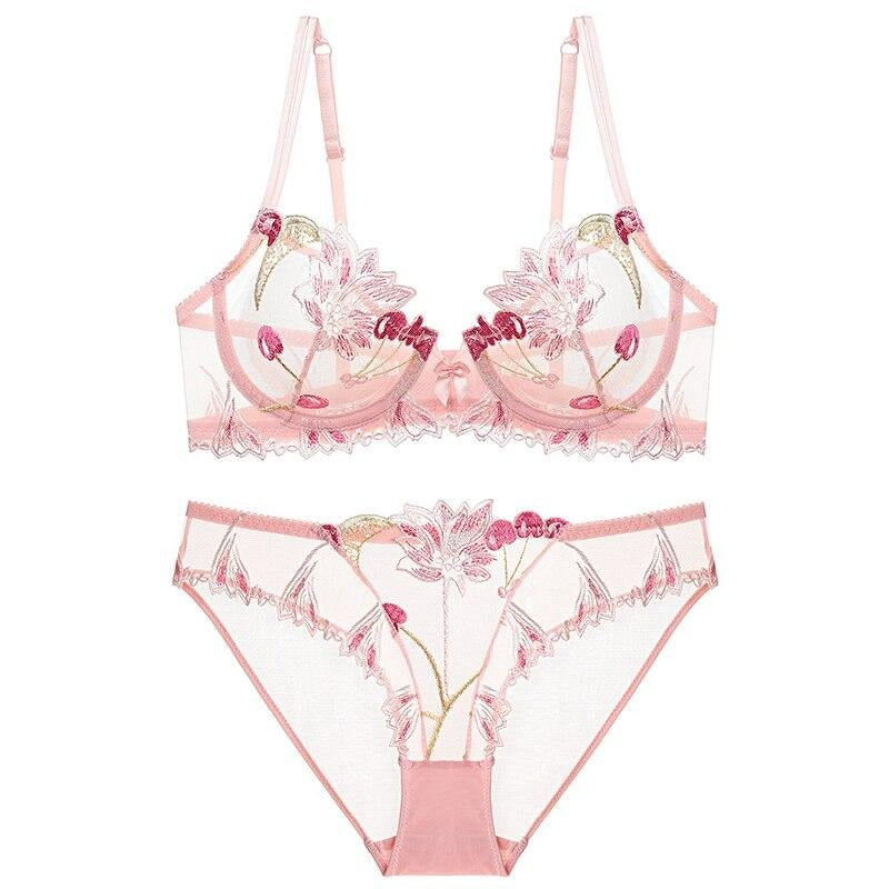 Années 60 Ensemble Soutien-Gorge et Culotte Brodé Cerise Rose - Ma Penderie Vintage